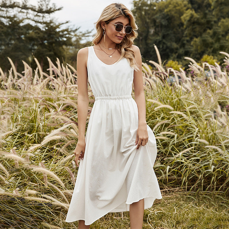 Spring New Sleeveless Dress Women Casual Solid Color O Neck Elegant White Sling Dress For Women Summer Dress